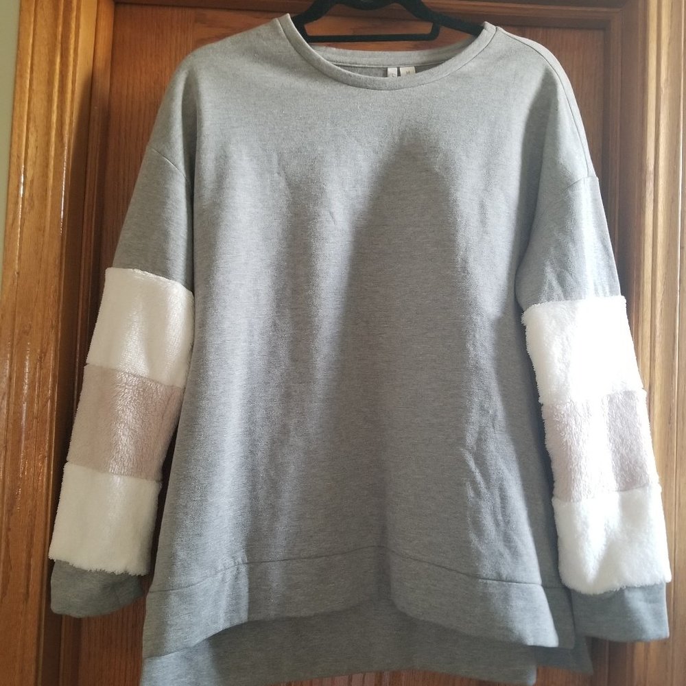 New gray, white, and tan, cozy, fuzzy, sweatshirt